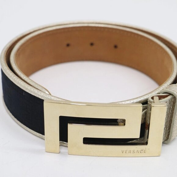 Versace Pewter Gold Leather Mirrored Logo Belt Size 75 CD9584 - Picture 1 of 15